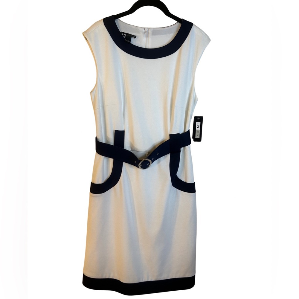Elegant Navy and White Belted Dress